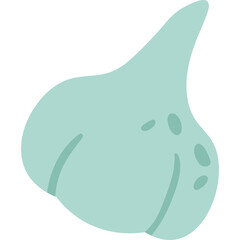Cartoon illustration of a single light blue garlic bulb with green spots and lines on a transparent background