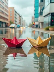 Obraz premium Rainy Day Scene with Two Paper Boats in Water Puddle on Street