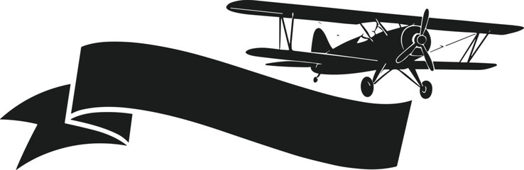 Silhouette of vintage biplane towing blank banner, aerial advertising concept, black aircraft profile, flat vector, cad drawing, flight illustration © Mahedi