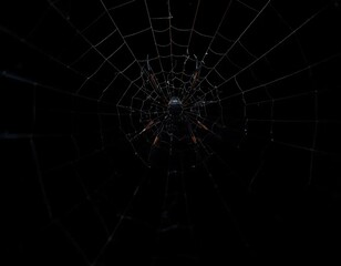 Fototapeta premium Eerie Spiderweb and Black Spider on Dark Background for Halloween Design Mockup