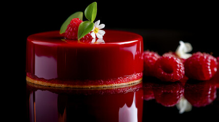 Raspberry mousse cake, glossy mirror glaze, reflected light highlights, fine dining plating