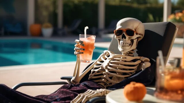 Skeleton enjoys refreshing drink while lounging by the pool on a sunny day with friends