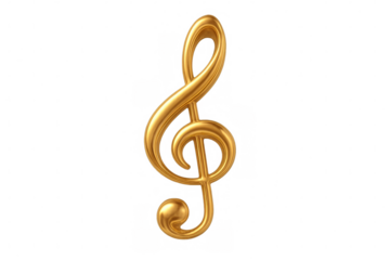 Golden treble clef symbol representing music and melody, shiny 3d rendering on a transparent background