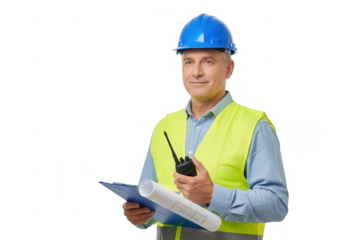 Construction worker in a hard hat safety vest holding a walkietalkie blueprints, isolated on transparent background