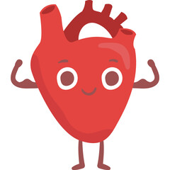 Cartoon Heart Character Flexing Muscles with Cute Happy Face and Arms Raised in a Fun Fitness Pose