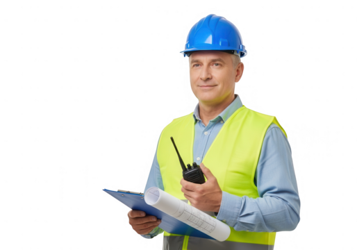 Construction worker in a hard hat safety vest holding a walkietalkie blueprints, isolated on transparent background