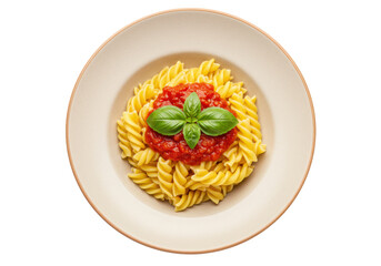 Isolated pasta fusilli with tomato sauce, basil leaves for delicious culinary presentation