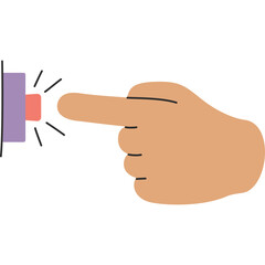 Cartoon hand pressing a red button on a purple panel with light rays emanating from the contact point against a white background