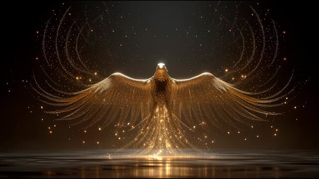 Golden Phoenix Rising: An opulent golden phoenix rises triumphantly against a dark, star-studded backdrop, its ethereal wings spread wide in a display of rebirth and strength.