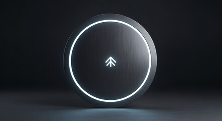 Futuristic glowing circular device with directional arrow on dark background