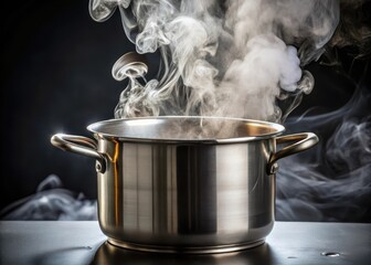 Steam rises rapidly from boiling water in a stainless steel pot with vigorous bubbling action