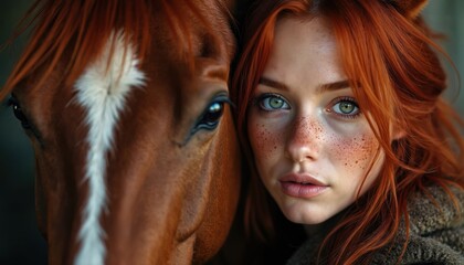 Fototapeta premium Redheaded woman and brown horse share intimate moment. Their faces are close together with green eyes gazing. Soft lighting creates a warm connection between girl and animal.