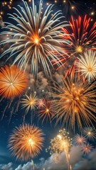 Bright red and orange fireworks exploding in the dark blue sky with stars