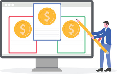 Businessman standing next to application interface showing several dollar coins illustration of financial investment company app interface
