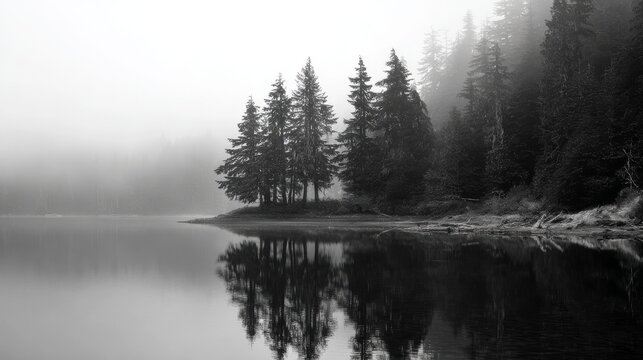 A serene monochrome landscape shows calm lake reflecting silhouetted trees with fog-shrouded forest backdrop - Powered by Adobe