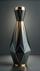 Sleek black vase with geometric shapes and metallic accents