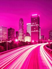 Wide-angle view of Houston skyline with Space Center Highway in background