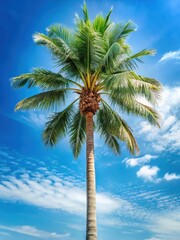 Palm tree with sprawling canopy against a bright blue sky