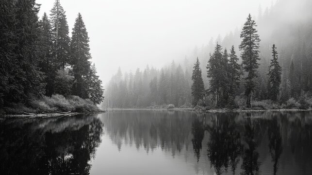 A serene monochrome vista evergreen trees lining a calm lake, shrouded in mist, reflecting the forest