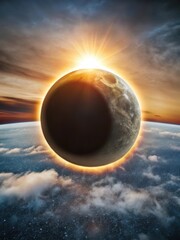 Celestial phenomenon of orange-tinted solar eclipse with dark disk partially covering sun