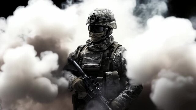 Military soldier stands in smoke during tactical exercise at training facility in urban environment