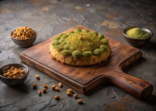 Dessert on a board with kadayif dough and pistachio paste on a concrete background in Dubai