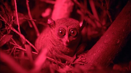 Tarsier with large eyes clings to a branch, bathed in red light, surrounded by foliage
