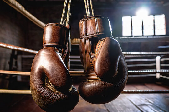 A pair of vintage brown leather boxing gloves hanging in a boxing ring with natural light shining through