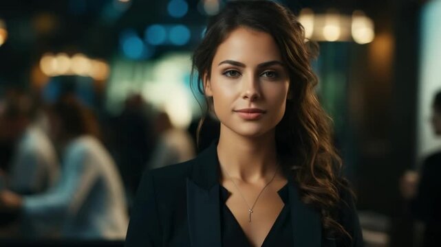 Confident woman smiles while poised in a stylish setting at an upscale venue during an evening gathering
