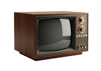 A vintage wooden television set, dark polished walnut, with brass knobs and a blank glossy CRT screen, isolated on a transparent background, representing a classic retro aesthetic