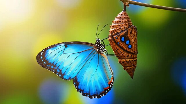 Vibrant image showing a butterfly with azure wings near a chrysalis, against a bokeh background