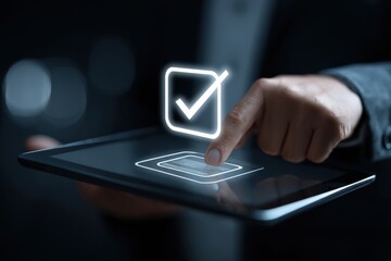 Digital Checklist Application on Tablet Device Businessman Approving Task Completion Online Form Submission Technology Innovation Productivity Efficiency Confirmation and Data Processing