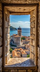View through a stone window of Minceta Tower in Dubrovnik Croatia