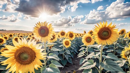 Sunflower fields under a blue cloudy sky with tall yellow flowers and green foliage