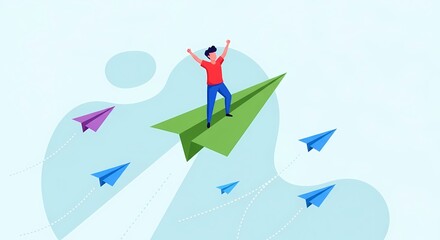 Successful Man Riding Green Paper Airplane Soaring Above Others on Blue Sky Background