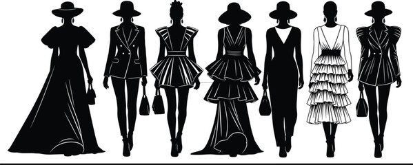 Stylized Fashion Silhouettes Vector Set – Elegant Models in High Heels, Gowns, Suits, Accessories for Runway, Style, and Design Themes