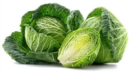 Fototapeta premium Fresh and Crunchy Green Cabbages on White Background Perfect for Healthy Recipes and Culinary Artwork Showing Organic Vegetables and Vibrant Colors