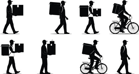 Delivery Worker Silhouettes Vector Set &ndash; Couriers Walking and Cycling with Boxes and Bags for Logistics, Transportation, and Urban Service Themes