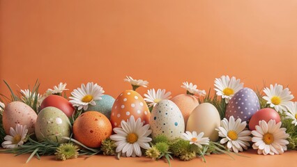 Colorful Easter eggs on a pastel background with flowers and grass