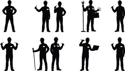 Obraz premium Industrial Worker Silhouettes Vector Set – Technicians, Engineers, Mechanics with Tools, Hard Hats, Clipboards for Vocational, Safety, and Labor Themes