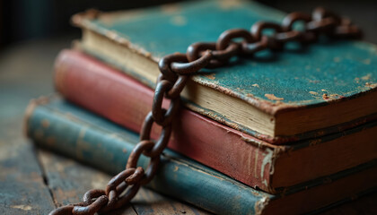Stack of aged hardcover books tied with rusty chain. Symbol of restrictions. Concept of freedom limitations on knowledge access. Education, political problems of disinformation censorship issues.