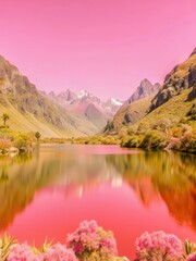Mountain lake in Peru surrounded by lush greenery and majestic mountains