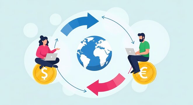 Global Financial Transactions Conceptual Illustration People Exchanging Money Online with Laptops Around the World
