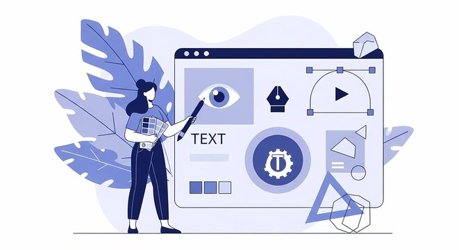 Graphic Designer Explains UI UX Design Elements on a Computer Screen with Icons and Tools