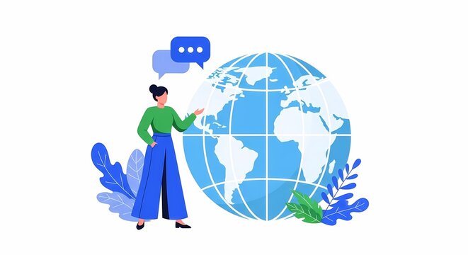 Global Communication and Connection Woman Discussing World Issues Next to Textured Earth Globe Illustration
