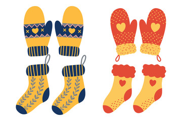 Cute winter mittens and socks element set. Suitable for clip art, stickers, flat design illustration, etc
