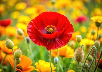 Close-up of a red poppy blooming in yellow buds