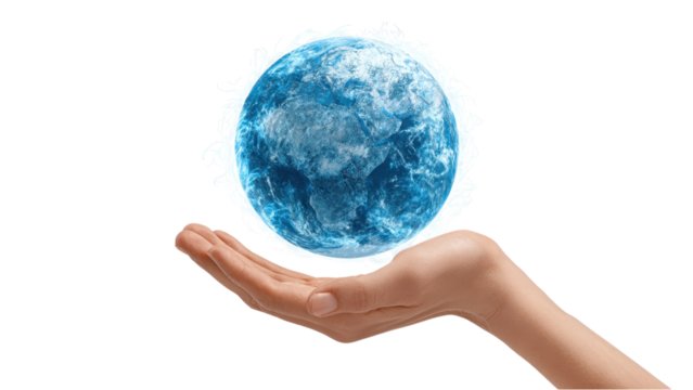 Hand Holding a Glowing Earth Globe on White Background