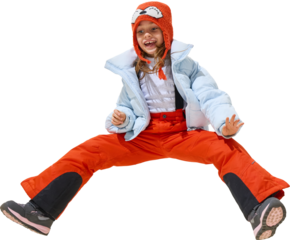 Laughing girl in red snow pants and blue jacket sitting playfully on transparent background. Concept of cheerful winter activity, carefree childhood, and expressive kids fashion.