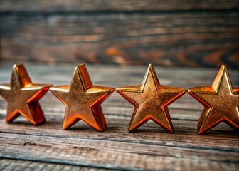 Five gleaming golden stars aligned in a row on a rustic wooden table centerpiece